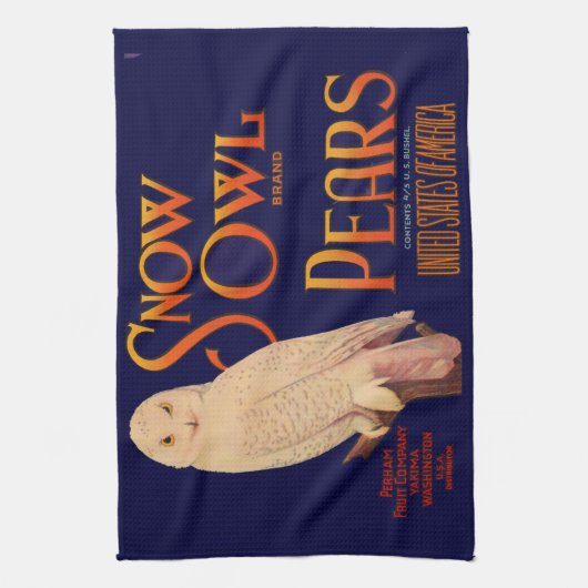 1930s Snow Owl branderperen fruitkrattendruk Theedoek (Verticaal)