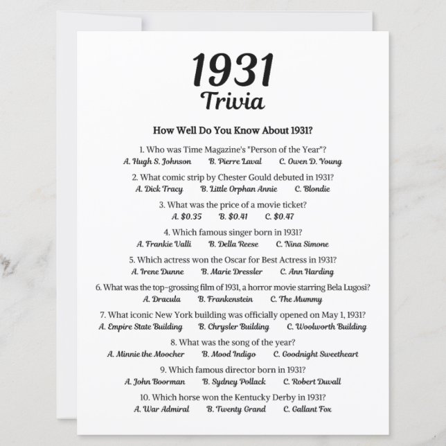 1931 Trivia spel | 94e verjaardag partij spel (Voorkant)