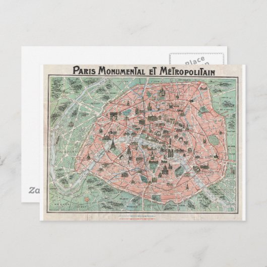 1932 Art Deco Map of Paris, Frankrijk Briefkaart (Voorkant / Achterkant)