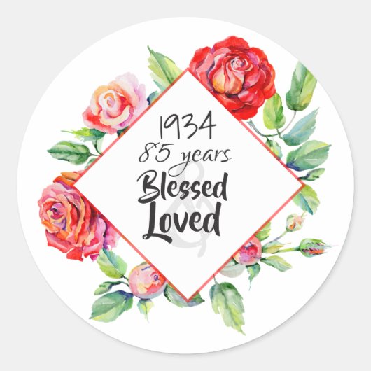 1934 85e verjaardag Vrouw - Aquarel Rozen Custom Ronde Sticker (Voorkant)