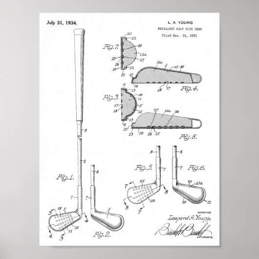 1934 Golf Club Head Patent Art Drawing Print (Voorkant)
