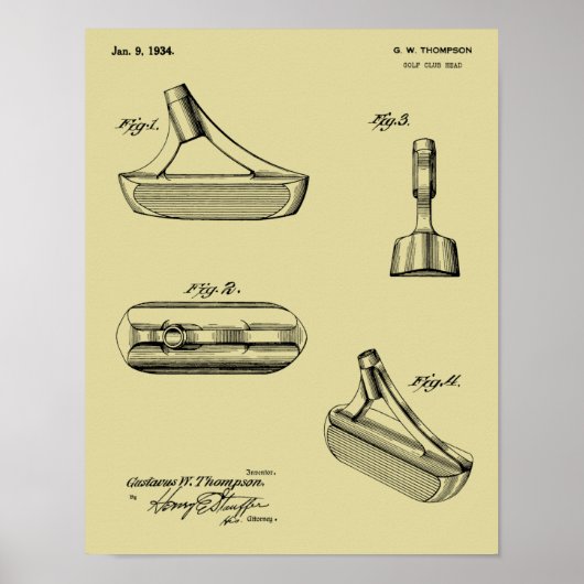 1934 Putter Golf Club Patent Art Drawing Print (Voorkant)
