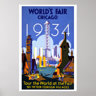 1934 Wereldtentoonstelling Chicago Reis rond de We Poster