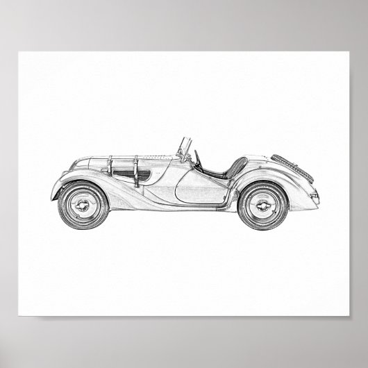 1936 BMW 328 Roadster Black and White Pencil Art Poster (Voorkant)