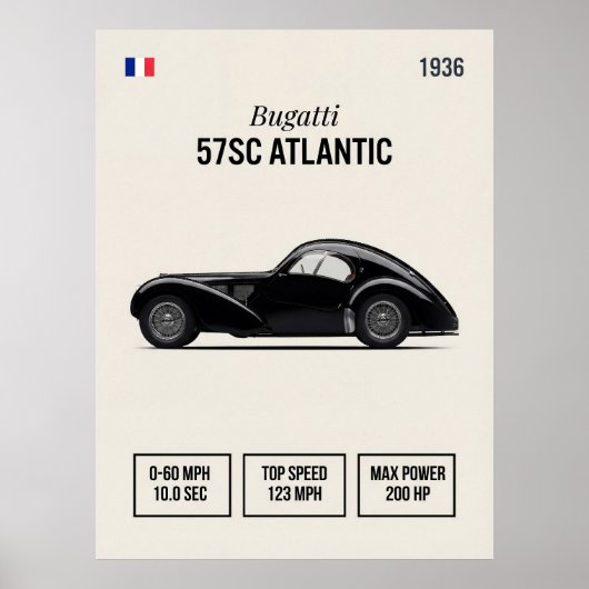 1936 Bugatti 57SC Atlantic Oldtimer Auto Poster (Voorkant)