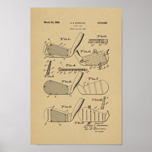 1936  Golf Club Patent Art Print (Voorkant)
