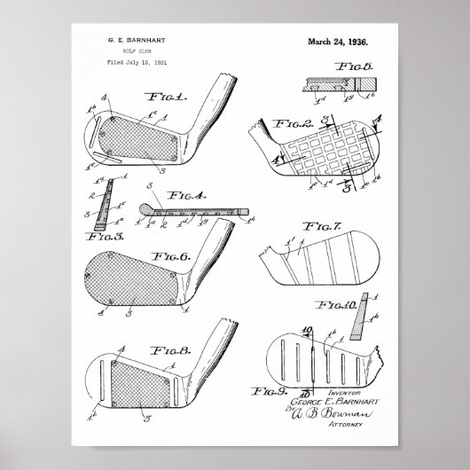  1936 Golf Clubs Design Patent Art-afdrukken Poster (Voorkant)
