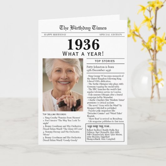 1936 Newspaper Birthday card 90th birthday Kaart (Gele Bloem)