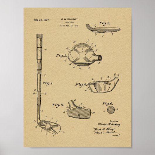1937 Golf Club Patent Art Drawing Print (Voorkant)