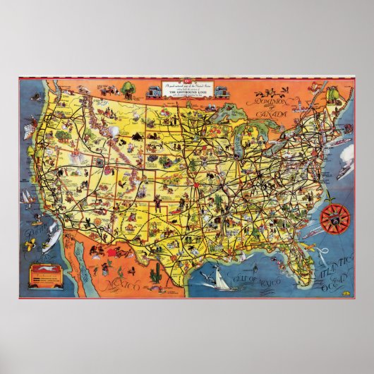1937 Greyhound Bus Route Map Poster (Voorkant)
