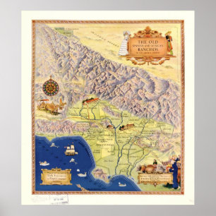 1937 Map Ranchos van Los Angeles County California Poster