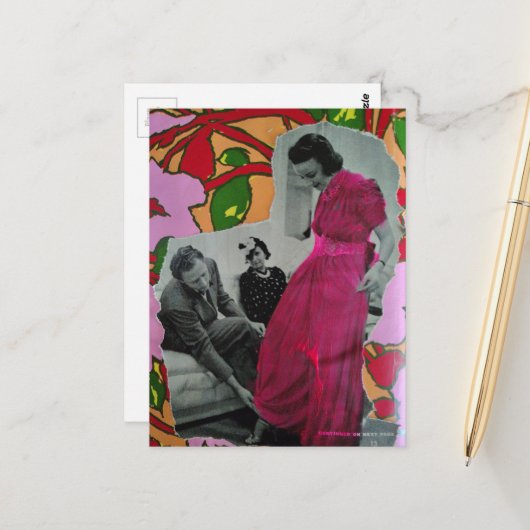 1939 Damesmodel in Pyjama Mixed Media Collage Briefkaart (Voorkant / Achterkant in situ)