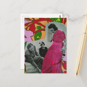 1939 Heet Roze Pyjamadame Mixed Media Collage Briefkaart