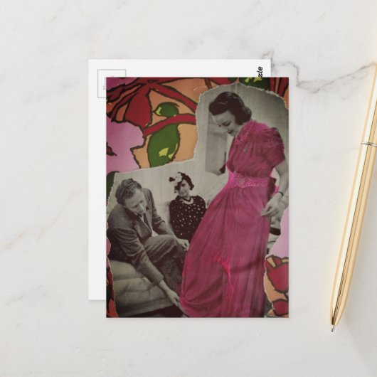 1939 Roze Pyjama Dames Mixed Media Collage Briefkaart (Voorkant / Achterkant in situ)