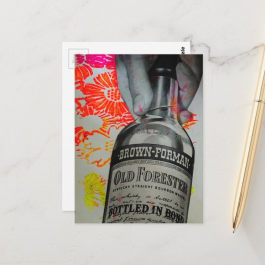1939 Whisky Gebotteld in Bond Mixed Media Collage Briefkaart (Voorkant / Achterkant in situ)