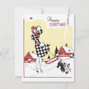1940  Happy Kerstmeisje met hond Feestdagenkaart