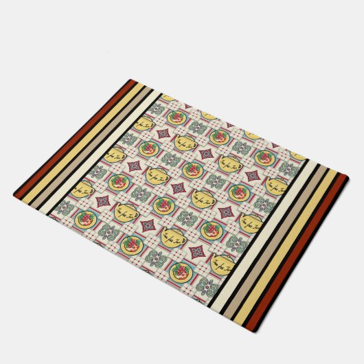 1940s Keukenpatroon w / Gele theepotten Deurmat (Schuin)