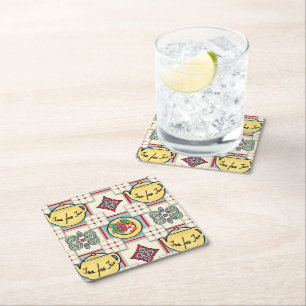 1940s Keukenpatroon w / Gele theepotten Kartonnen Onderzetters