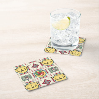 1940s Keukenpatroon w / Gele theepotten Kartonnen Onderzetters