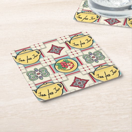 1940s Keukenpatroon w / Gele theepotten Kartonnen Onderzetters (Schuin)