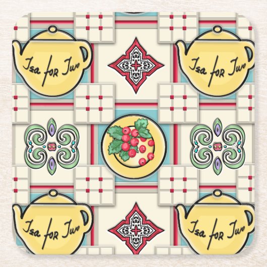 1940s Keukenpatroon w / Gele theepotten Kartonnen Onderzetters (Voorkant)