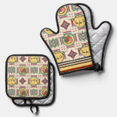 1940s Keukenpatroon w / Gele theepotten Ovenwant & Pannenlap Set (Voorkant / Achterkant)