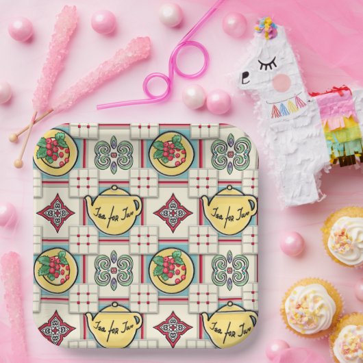 1940s Keukenpatroon w / Gele theepotten Papieren Bordje (Feest)