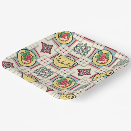 1940s Keukenpatroon w / Gele theepotten Papieren Bordje (Gebogen)