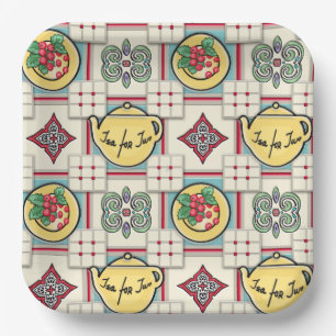 1940s Keukenpatroon w / Gele theepotten Papieren Bordje