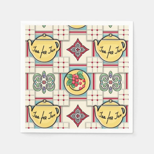 1940s Keukenpatroon w / Gele theepotten Servetten (Voorkant)