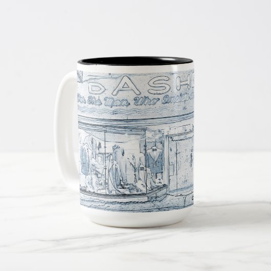 1940's Mannen Kleding Storefront Window Art Blue Tweekleurige Koffiemok (Voorkant links)