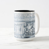 1940's Mannen Kleding Storefront Window Art Blue Tweekleurige Koffiemok (Voorkant rechts)