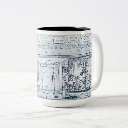 1940's Mannen Kleding Storefront Window Art Blue Tweekleurige Koffiemok (Voorkant rechts)