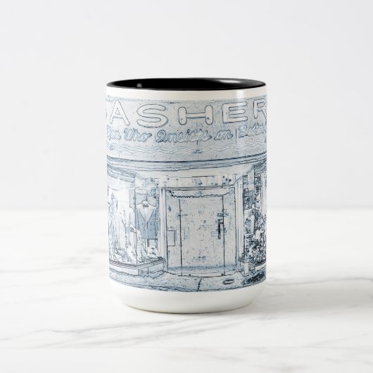 1940's Mannen Kleding Storefront Window Art Blue Tweekleurige Koffiemok (Center)