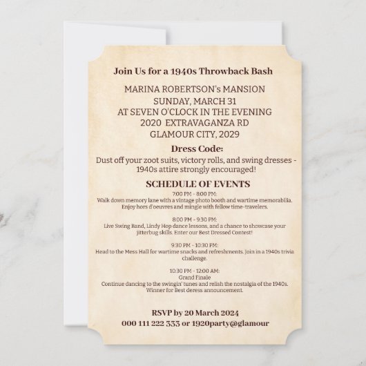 1940s Party Era  Nostalgische Tiener Party Kaart (Achterkant)