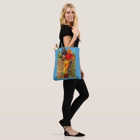 1940s pin-up gal and horse print tote bag (Op model)