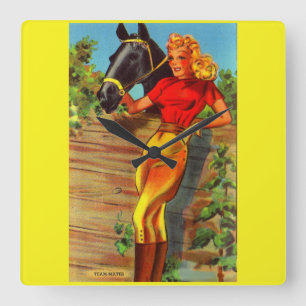 1940s pin-up gal and horse vierkante klok