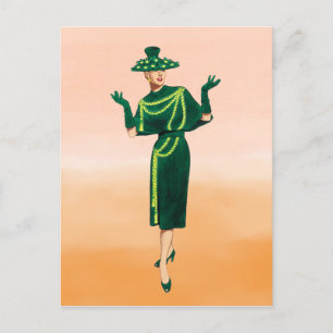 1940s Rope Print Green Dress Mode Art Briefkaart