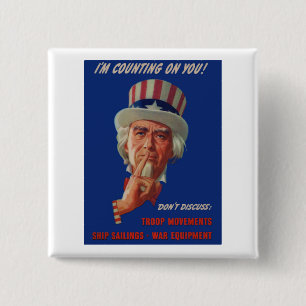 1940s waarschuwing van oom Sam Vierkante Button 5,1 Cm