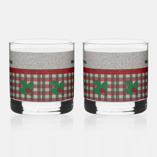 1940s Xmas Gingham - Gepersonaliseerde set van 2 Whisky Glas (Rechts)