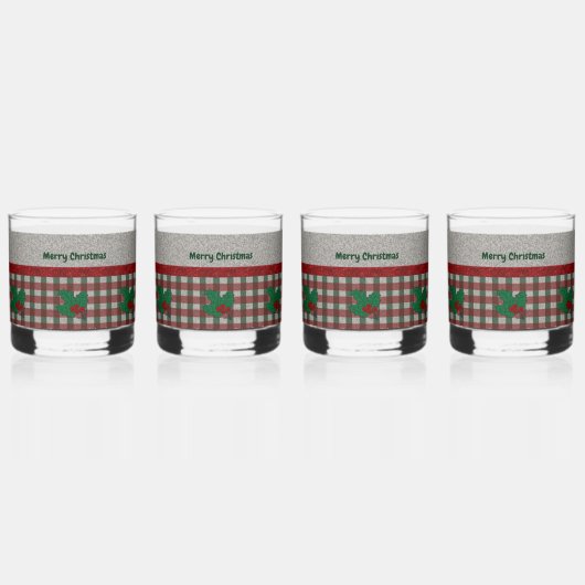 1940s Xmas Gingham - Gepersonaliseerde set van 4 Whisky Glas (Voorkant)