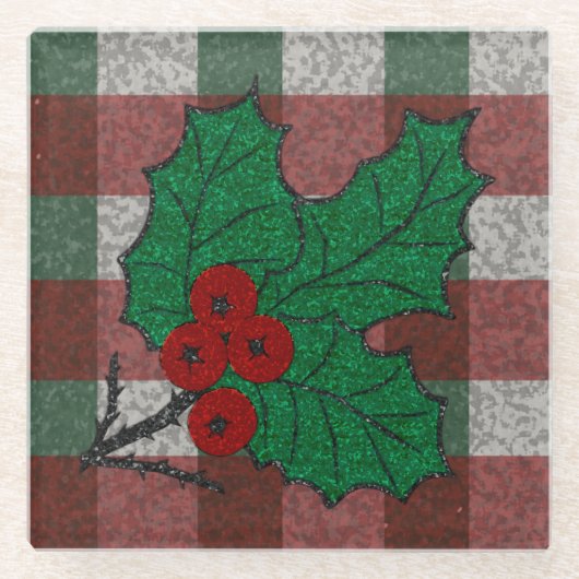 1940s Xmas Gingham Glazen Onderzetter (Voorkant)