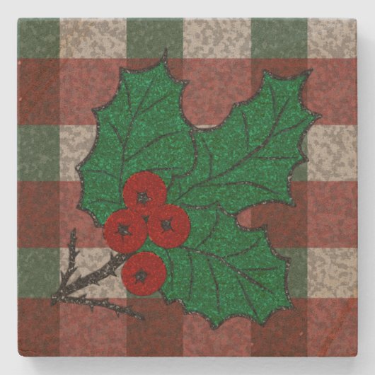 1940s Xmas Gingham Sandstone Stenen Onderzetter (Voorkant)