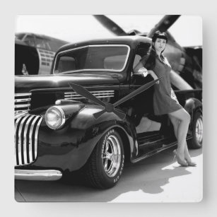 1941 Chevy Hot Rod Pickup Truck Pin Up Girl Vierkante Klok