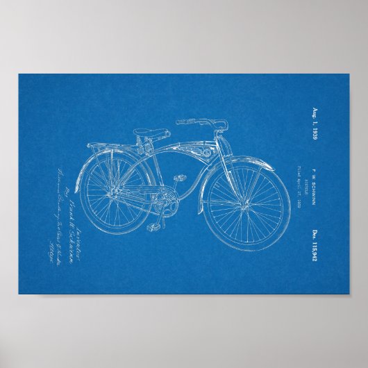 1942  Schwinn Bicycle Patent Blueprint Art Poster (Voorkant)