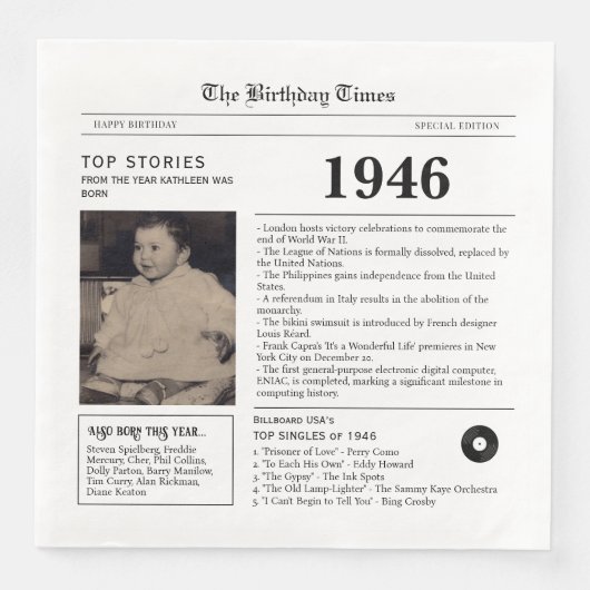 1946 Newspaper Birthday Paper Napkin Servet (Voorkant)