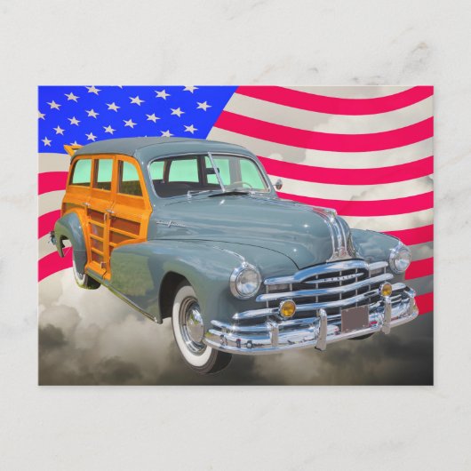 1948 Pontiac Silver Streak Woody and US Flag Briefkaart (Voorkant)