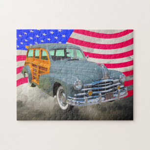 1948 Pontiac Silver Streak Woody and US Flag Legpuzzel