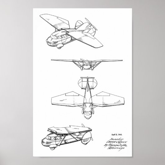 1949 Flying Car Airplane Patent Art Drawing Print (Voorkant)