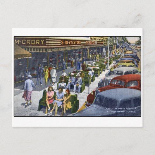 1949 Sint-Petersburg Florida "De Groene Benches" Briefkaart (Voorkant)